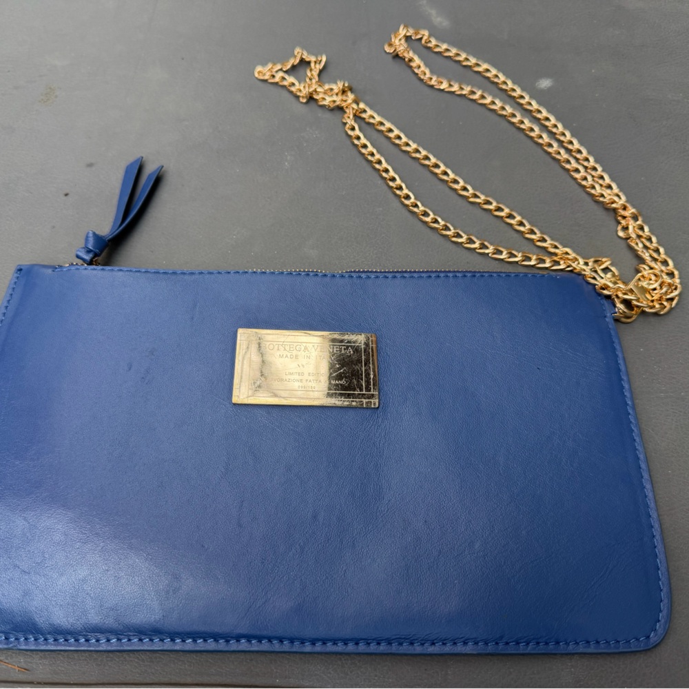 Bottega Veneta Special Edit Royal Blue Leather Wristlet with Gold Chain